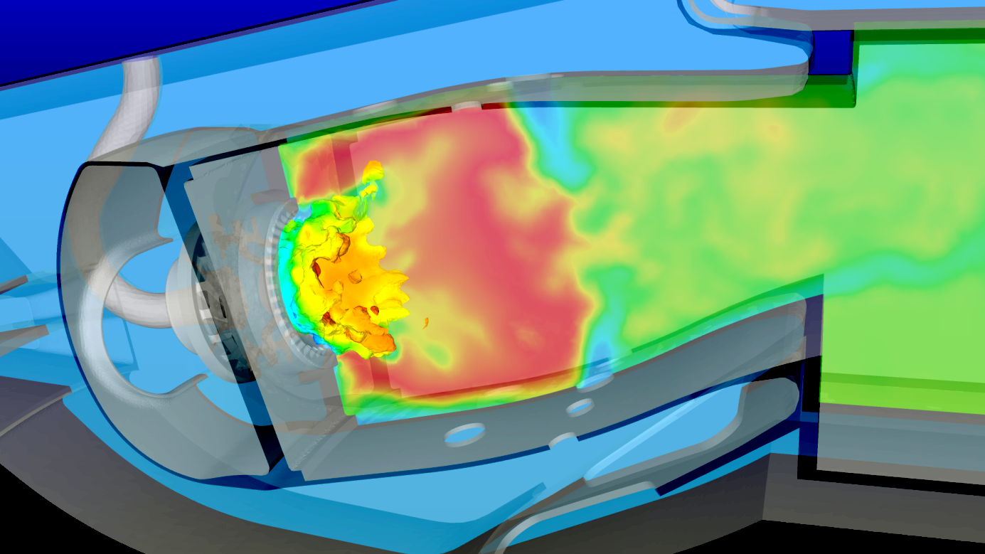 Simulation numérique de phénomènes aérodynamiques dans une chambre de combustion d’un moteur d’avion. © Snecma