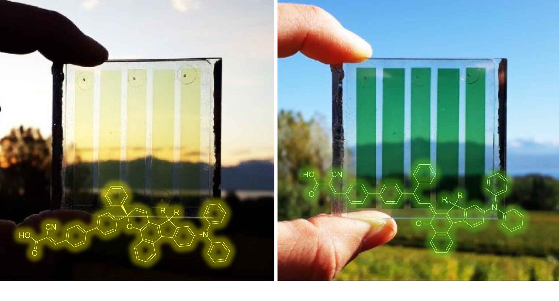 les cellules solaires photochromiques passent du jaune pâle à l’orangé, au rouge ou encore au vert foncé sous forte luminosité, augmentant du même temps leur rendement photovoltaïque © CEA-IRIG Image1.png