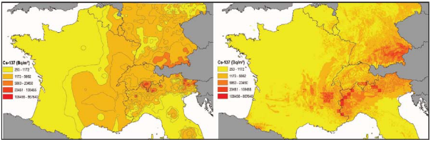 Comparatif du gain en résolution spatiale obtenu par cette méthode (à gauche : carte de 1997 ; à droite : nouvelle carte de 2009 établie par la présente étude). © Scientific Reports Résolution.png