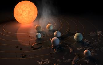  Vue d'artiste des différentes exoplanètes qui gravitent autour de l'étoile Trappist-1. © NASA/ JPL-Caltech