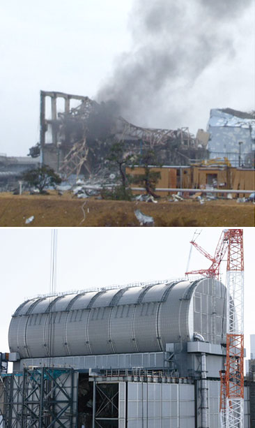Bâtiment du réacteur 3 de la centrale de Fukushima Daiichi, après l’accident et aujourd’hui, après travaux. © TEPCO