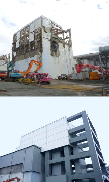 Bâtiment du réacteur 4 de la centrale de Fukushima Daiichi, après l’accident et aujourd’hui, après travaux. © TEPCO
