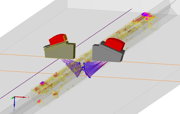 Simulation d’un contrôle non destructif en technique ultrasons (multi-éléments) sur une tôle soudée.