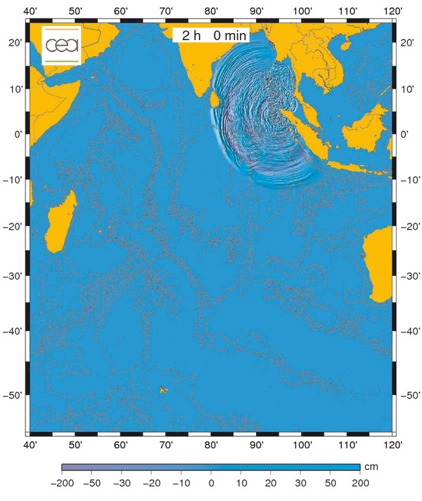 Reconstitution numérique du tsunami de Sumatra en décembre 2004 deux heures après la secousse