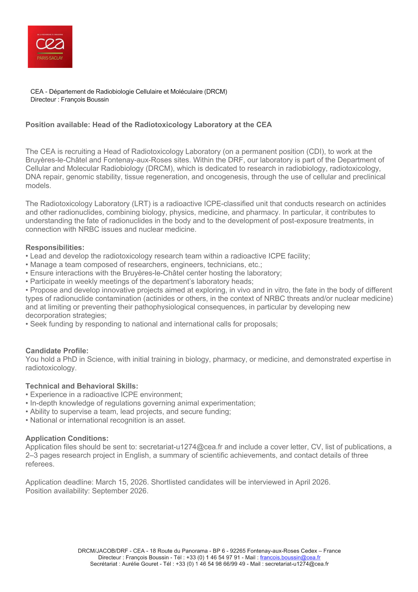 Head of the Radiotoxicology Laboratory at the CEA