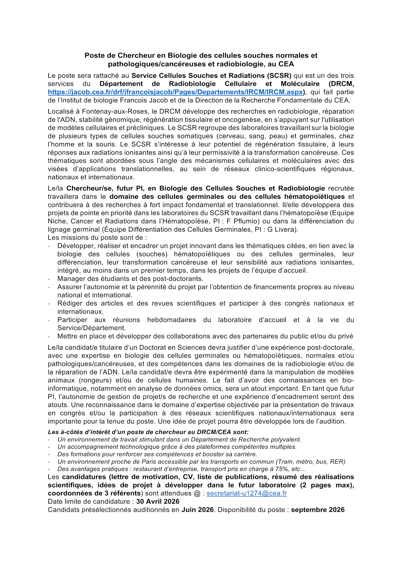 Chercheur en Biologie des cellules souches normales et pathologiques/cancéreuses et radiobiologie au CEA