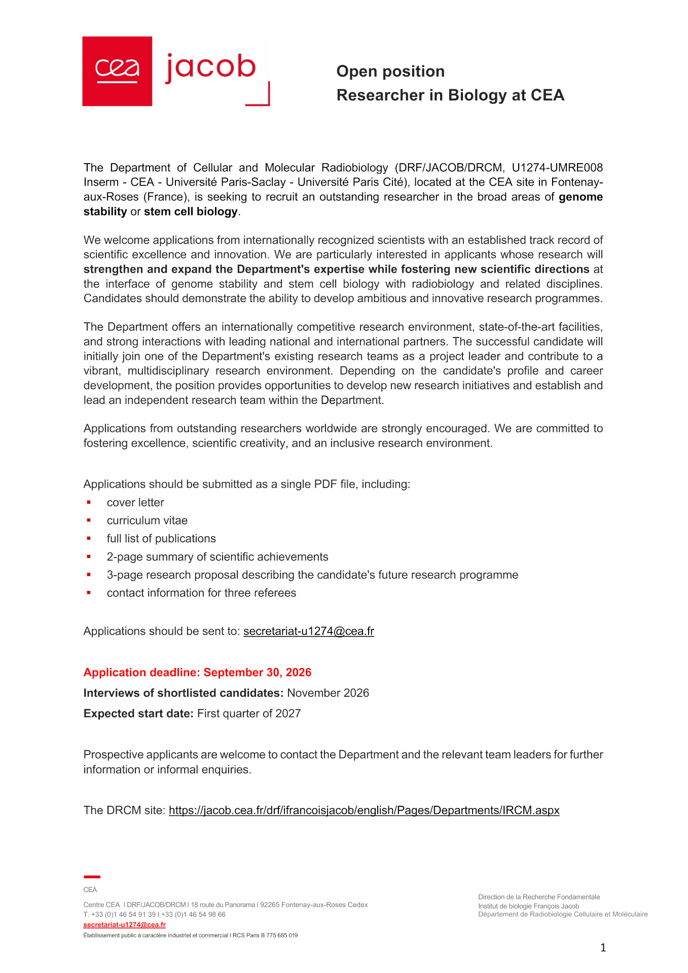 Open position Researcher in Biology at CEA