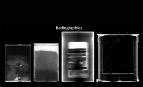 Exemple d’imagerie à haute énergie produite en casemate fixe sur un colis dense : radiographies et coupes tomographiques. Les structures internes, la répartition de matière ainsi que des défauts peuvent être mis en évidence par ces examens. © IRESNE/CEA