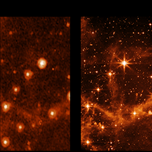 Etoiles et nuages de la galaxie de Magellan, selon Spitzer (gauche) et Webb (droite)