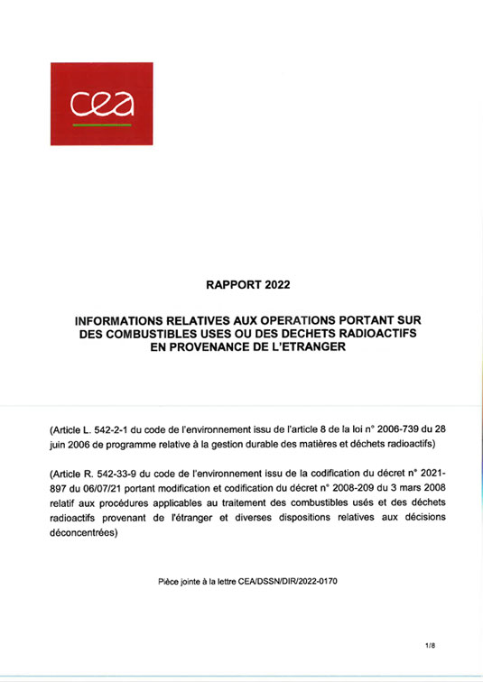 Rapport 2022 - Inventaire combustibles usés & déchets radioactifs étrangers