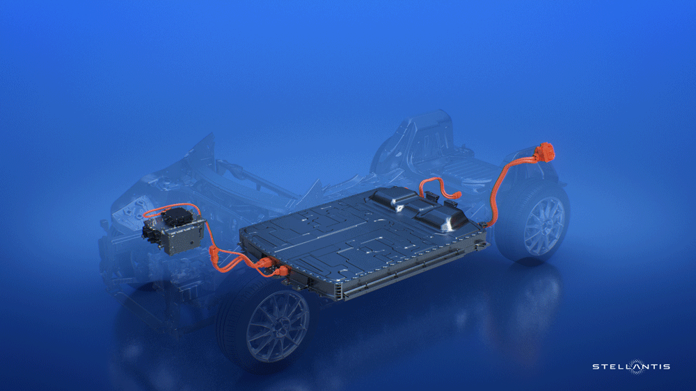Plateforme de batteries pour véhicule électrique, logée au niveau du châssis (Stellantis-modèle STLA medium). © Stellantis o Plateforme de batteries pour véhicule électrique, logée au niveau du châssis (Stellantis-modèle STLA medium).