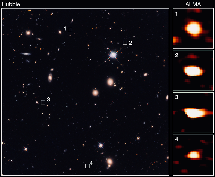 Quatre des galaxies noires découvertes grâce au télescope ALMA et leurs positions dans une image Hubble. @CEA Alma -Hubble.png