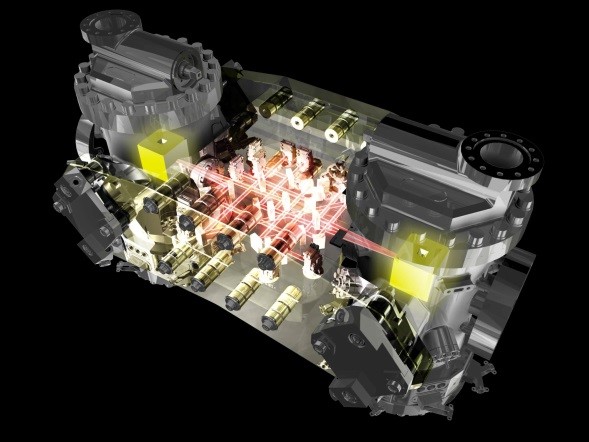 Cubes d'or et de platine à l'intérieur du satellite