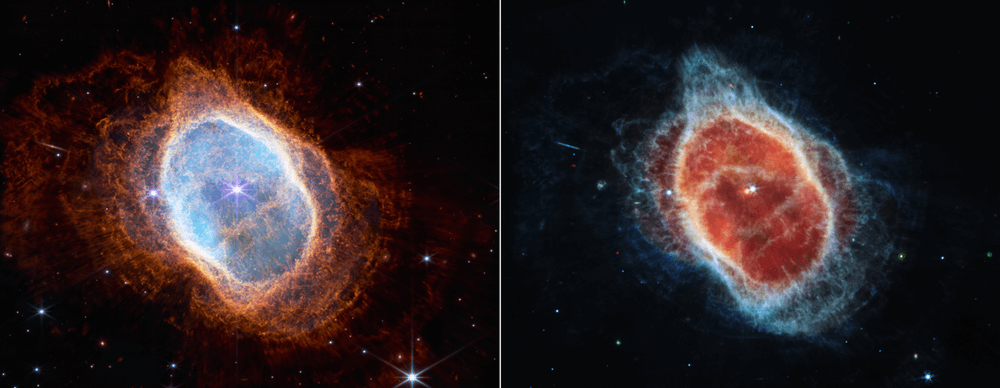 Image d'une étoile en fin de vie. A gauche, observation obtenue grâce à la caméra NIRCAM. A droite, observation obtenue grâce à Miri. © NASA, ESA, CSA, STScI Image d'une étoile en fin de vie.